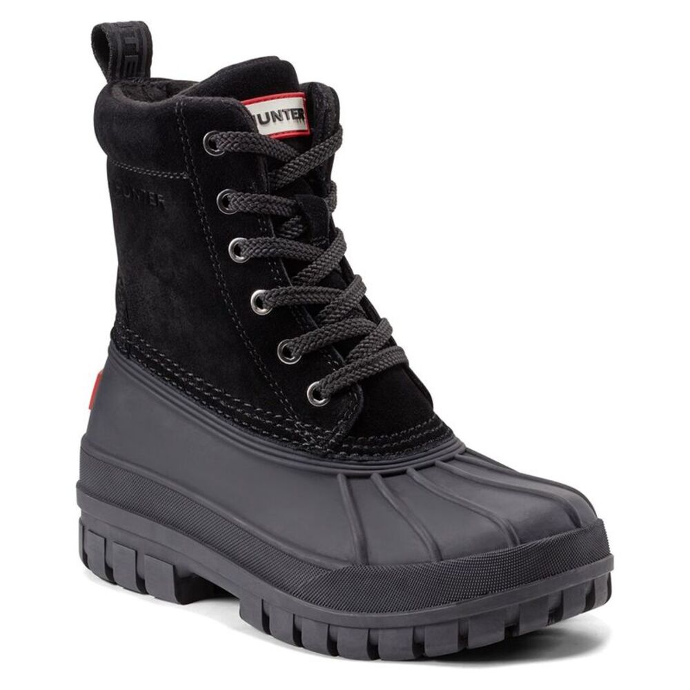 Hunter Black Suede & Rubber Lace-Up Platform Ankle Boots